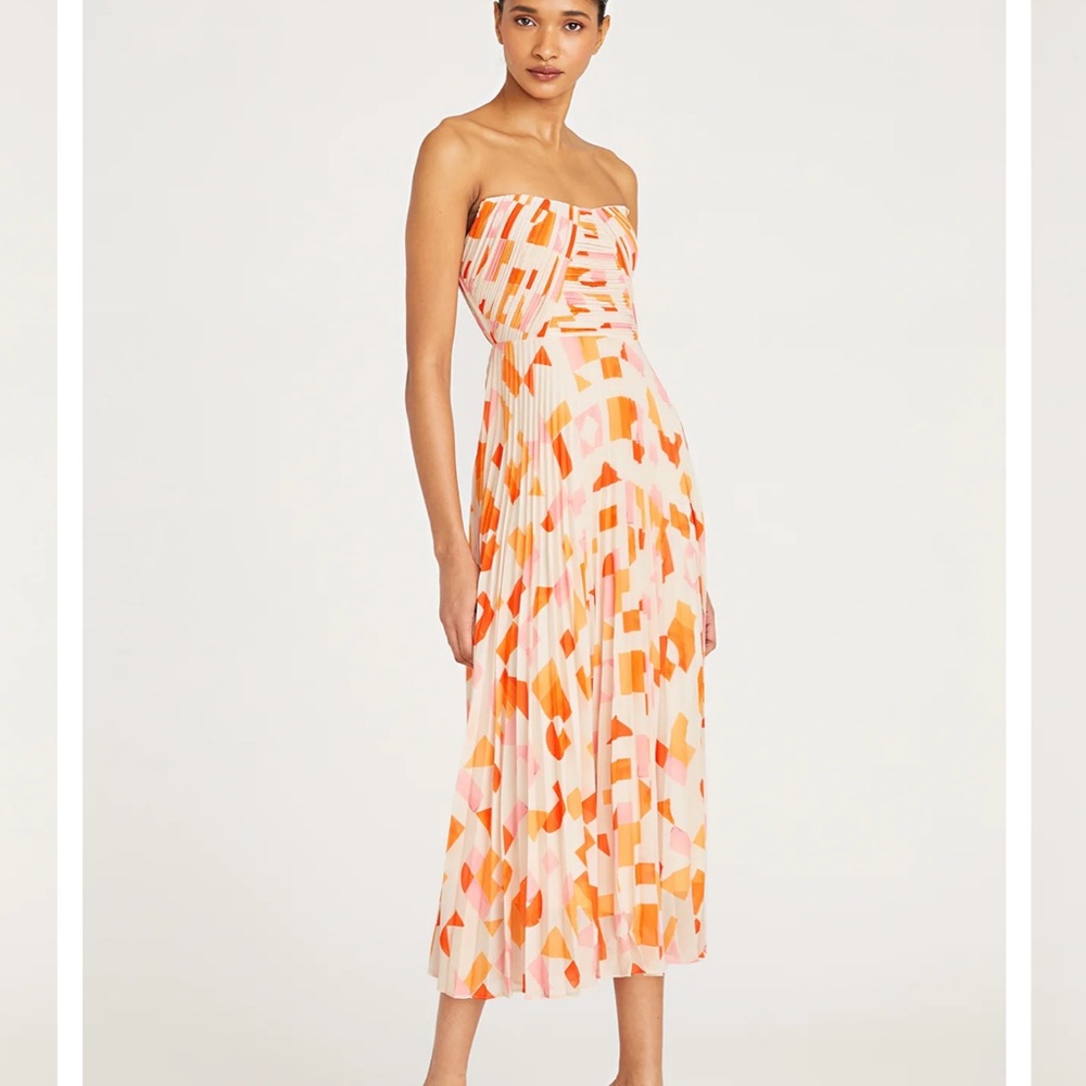 AMUR Strapless Pleated Midi Dress in Pink and Orange Geometric Print